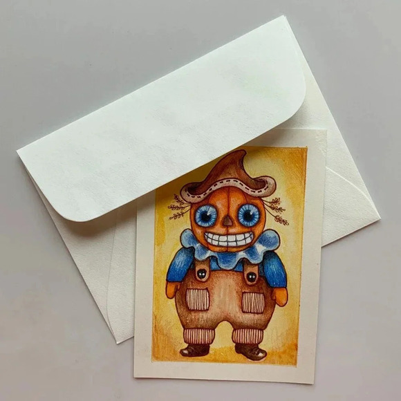 OOAK Vintage Halloween Pumpkin Scarecrow ACEO ATC Original Art Card - Picture 5 of 5
